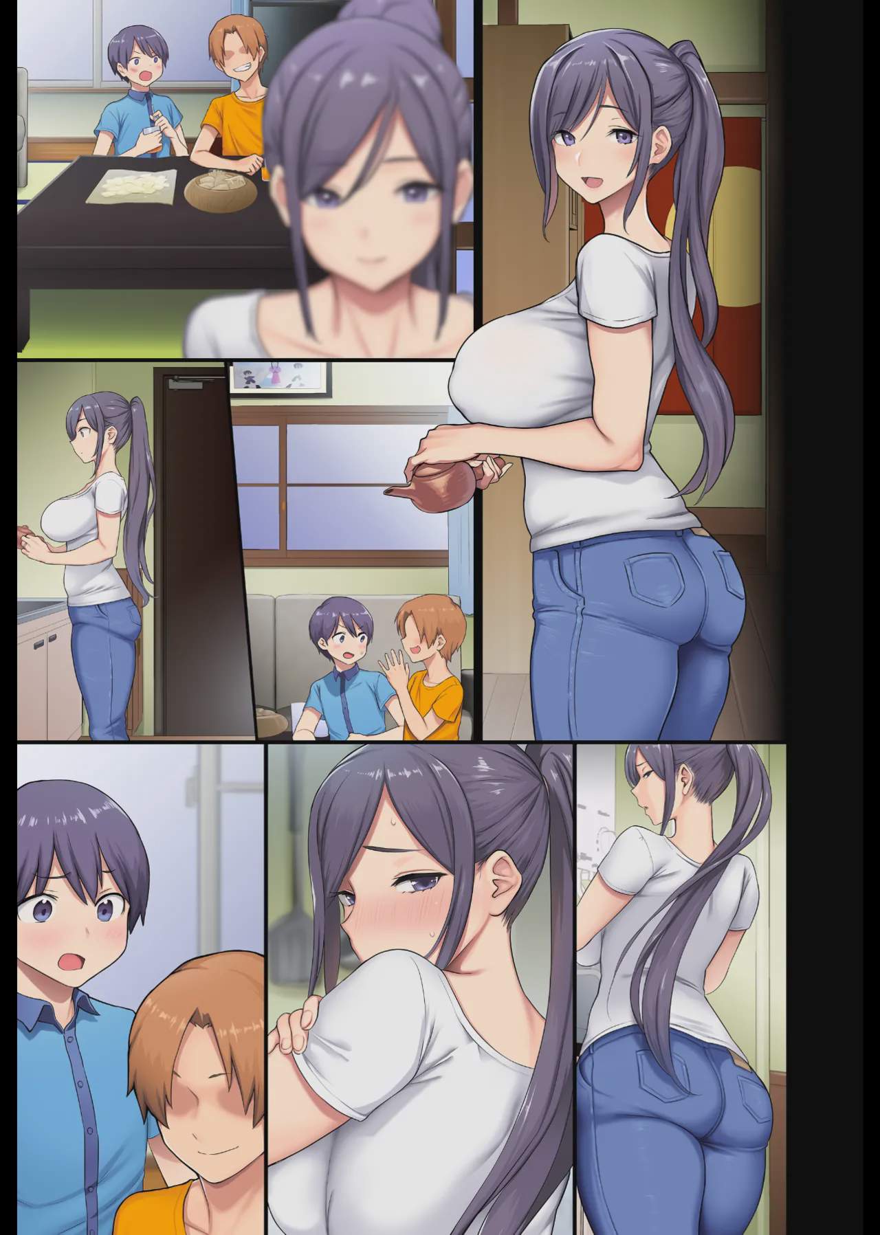 Art by meme50 - Tagged meme50, masturbation, netorare, milf, hotpants, sweating, very_long_hair, x-ray, sole_female, blowjob, smalldom, sole_male, ponytail, hidden_sex, handjob, big_breasts, fingering, big_ass, nakadashi