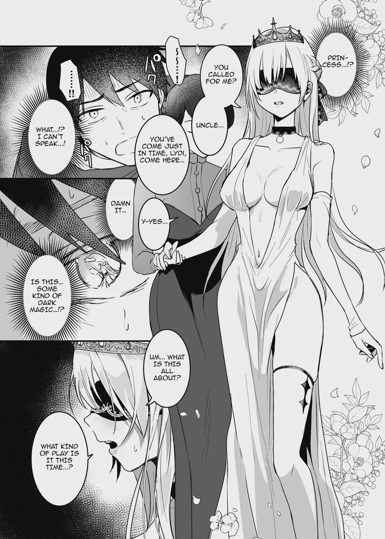Art by yoshida_killy - Tagged stockings, dilf, netorare, niece, tiara, facial_hair, crown, mind_break, exhibitionism, sole_male, very_long_hair, humiliation, collar, detached_sleeves, yoshida_killy, blindfold, sole_female, ahegao