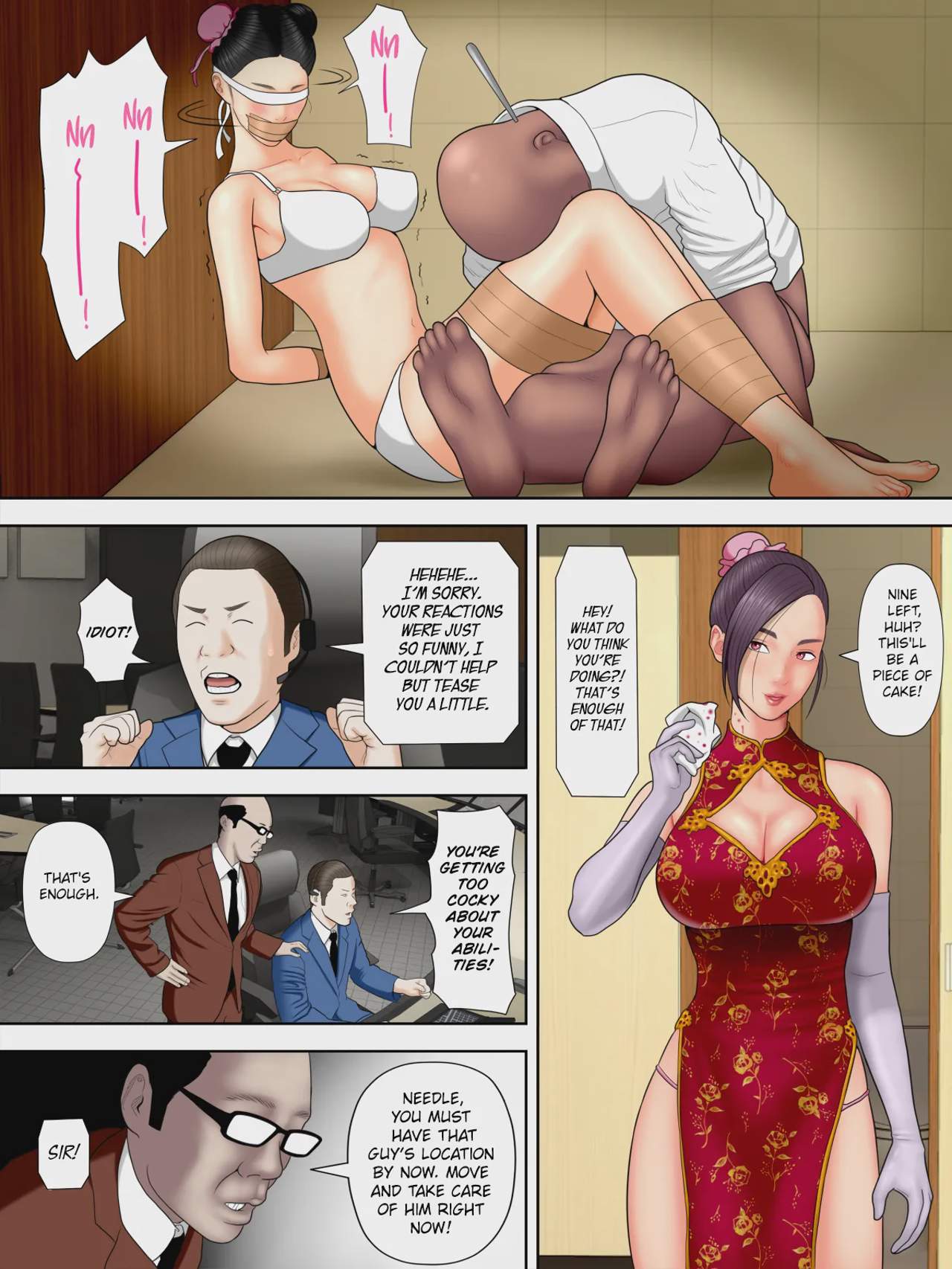 Art by minazuki_mikka - Tagged cheating, dark_skin, minazuki_mikka, dilf, chinese_dress, sunglasses, ponytail, paizuri, netorare, big_breasts, kissing, gag, bald, rape
