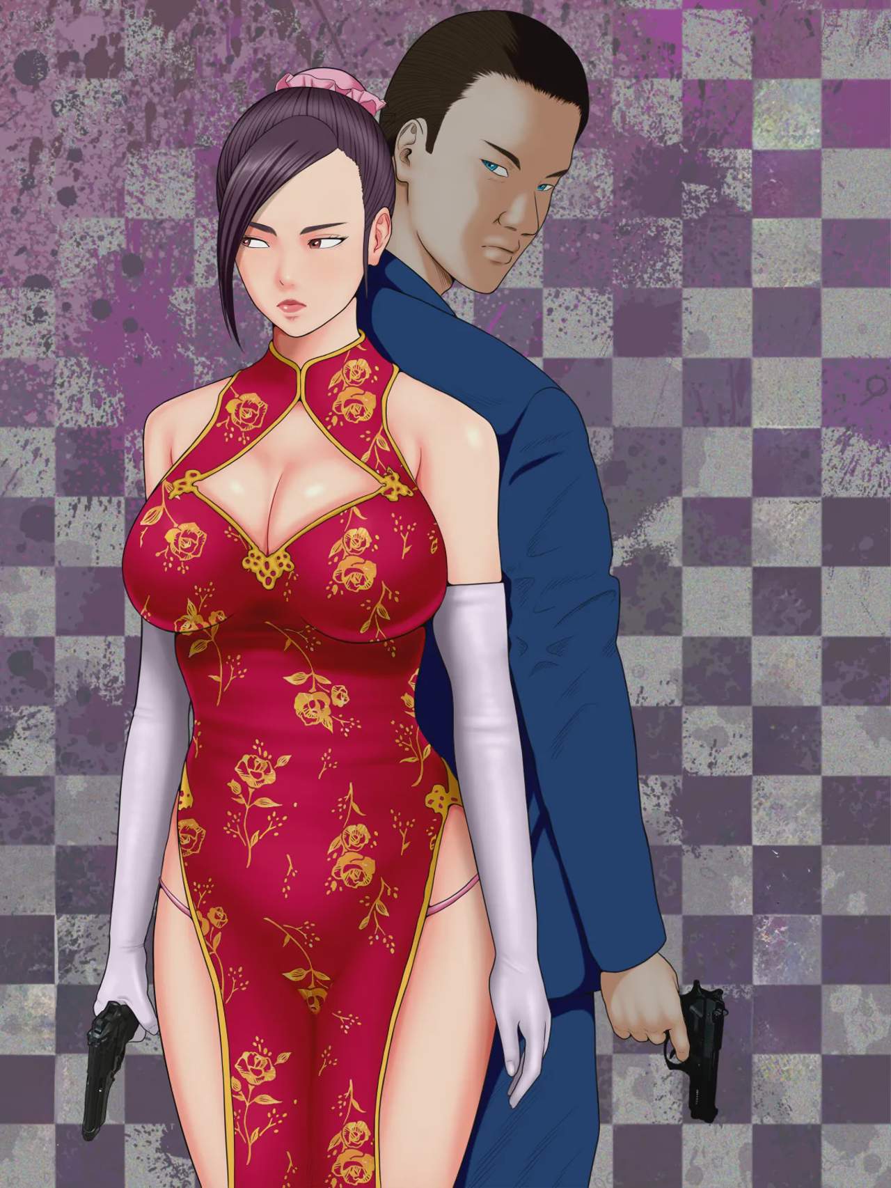 Art by minazuki_mikka - Tagged cheating, dark_skin, minazuki_mikka, dilf, chinese_dress, sunglasses, ponytail, paizuri, netorare, big_breasts, kissing, gag, bald, rape