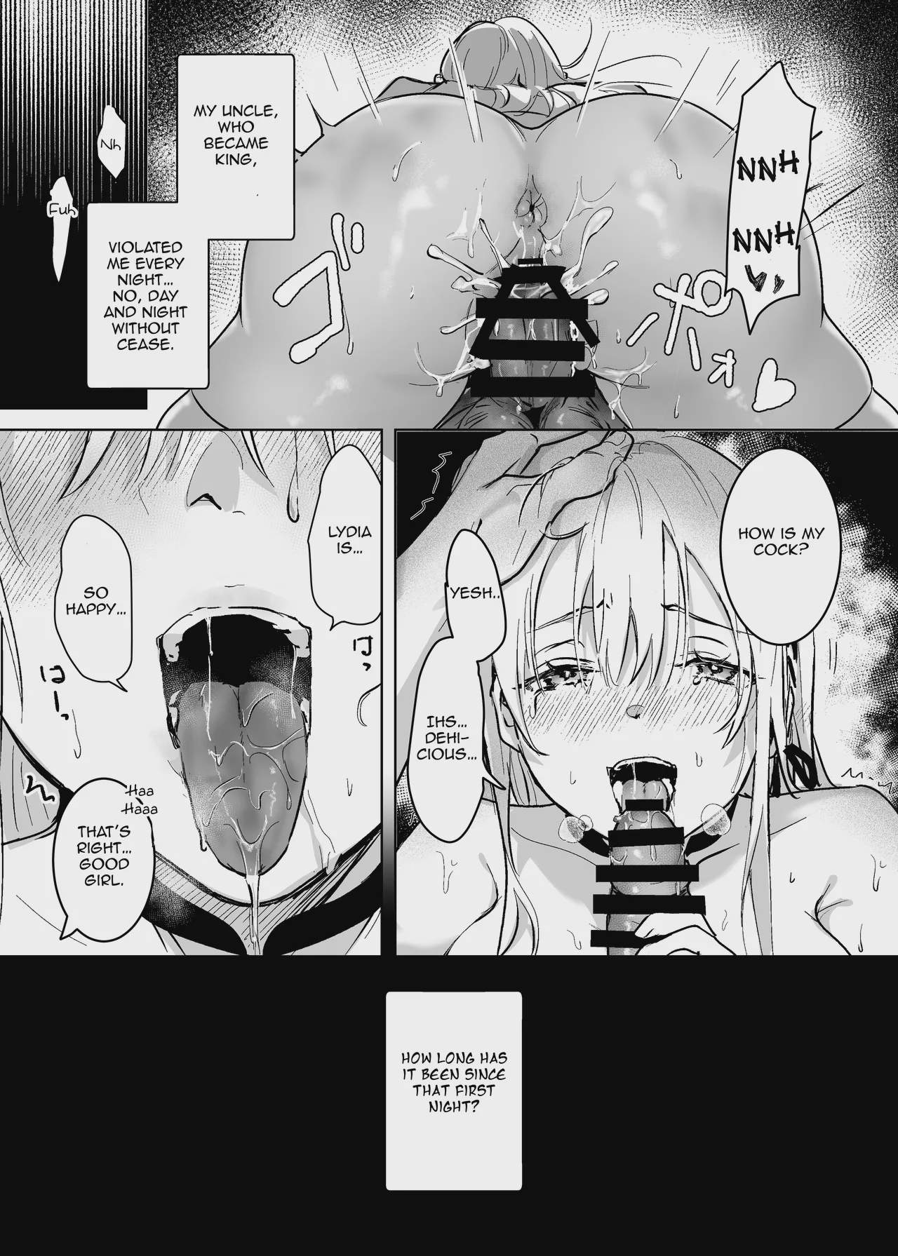 Art by yoshida_killy - Tagged stockings, dilf, netorare, niece, tiara, facial_hair, crown, mind_break, exhibitionism, sole_male, very_long_hair, humiliation, collar, detached_sleeves, yoshida_killy, blindfold, sole_female, ahegao